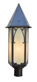 A post cap outdoor wall lantern with a dark metal frame, arched glass panels, and a pointed roof, shown against a plain white background.