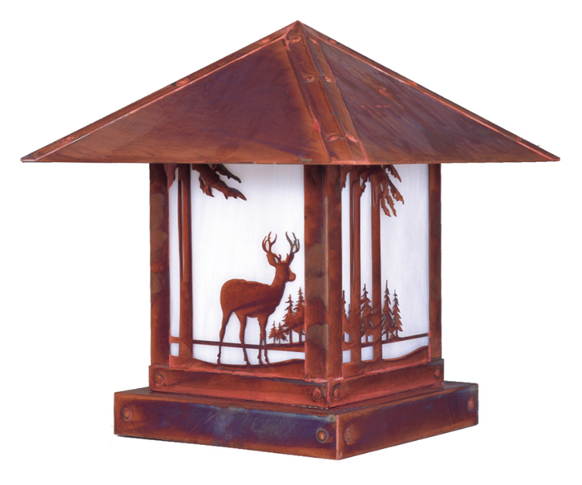 A rustic copper lantern with a tiered roof and a white frosted glass front featuring a silhouette of a deer and pine trees, isolated on a white background.