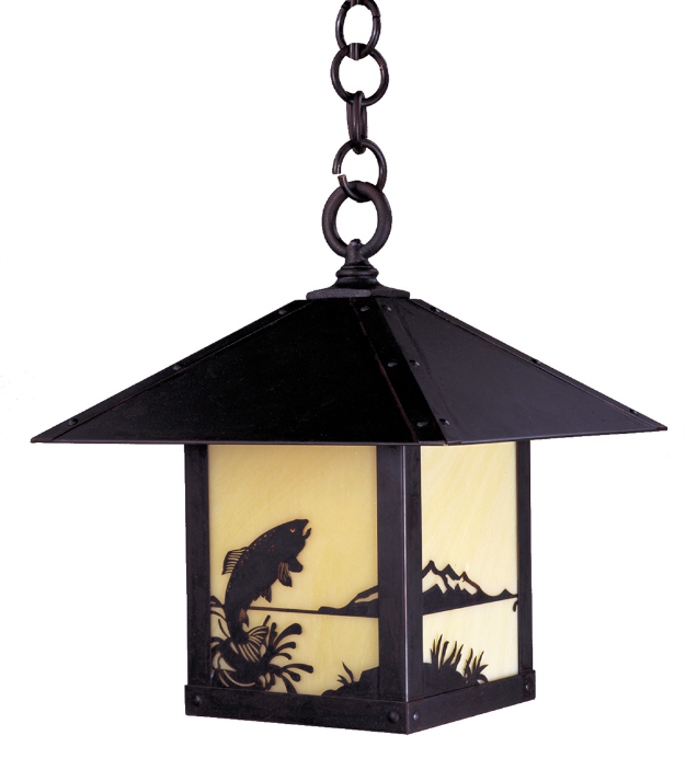 A hanging lantern-style pendant light with a black metal frame and chain, featuring cream-colored glass panels with black silhouetted cutouts of a fish, reeds, and mountains.