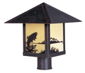 A decorative outdoor post cap light with a dark bronze metal frame and a pyramid-shaped roof. The front panels are frosted cream glass featuring black metal silhouettes of a jumping fish, mountains, and aquatic plants.