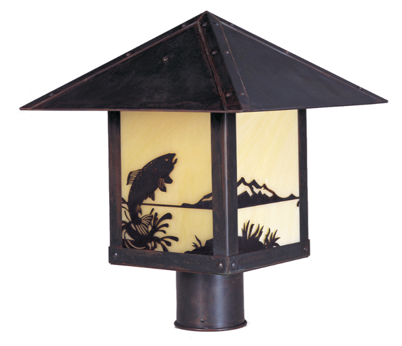 A decorative outdoor post cap light with a dark bronze metal frame and a pyramid-shaped roof. The front panels are frosted cream glass featuring black metal silhouettes of a jumping fish, mountains, and aquatic plants.