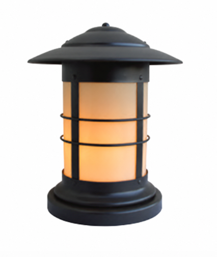Newport post mount with yellow glass and a metal frame. 