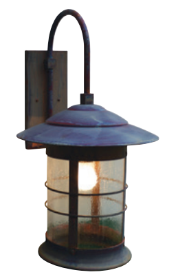 A rustic outdoor wall sconce with a dark distressed metal finish, a curved mounting arm, and a clear glass shade illuminated from within.