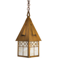A hanging lantern-style pendant light with a weathered bronze metal frame and white marbled glass panels, suspended from a chain against a plain white background.