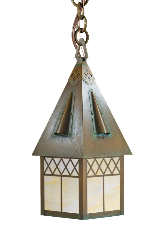 A hanging lantern-style pendant light with a weathered bronze metal frame and a warm cream-colored marbled glass panel. The fixture features a multi-tiered roof design with decorative cutouts and two conical vent-like details on the roof, suspended from a matching chain against a plain white background.