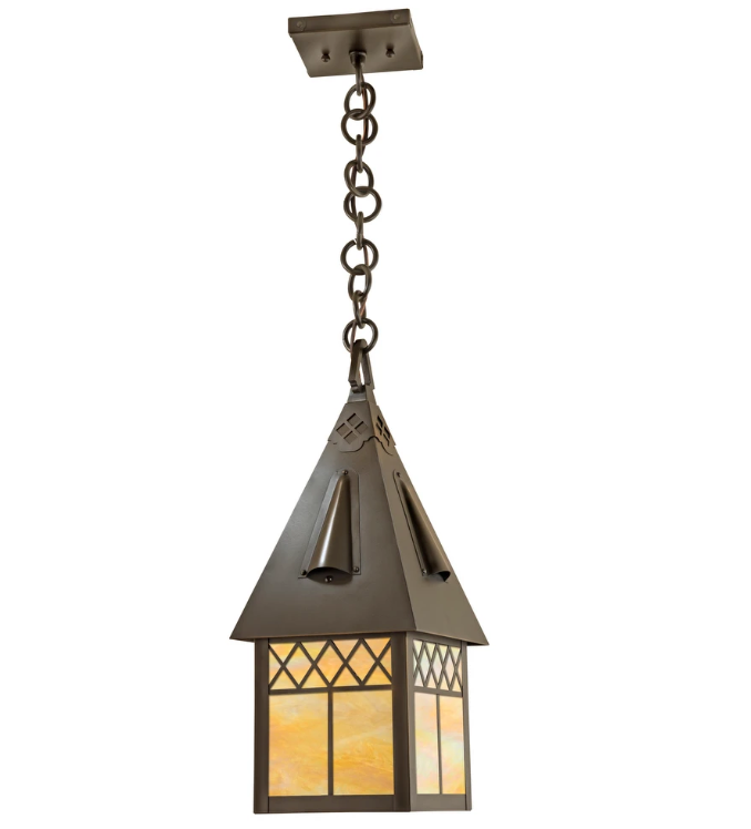 A single-tiered pendant light fixture with a dark bronze metal frame and warm amber-tinted glass panels, suspended by a chain from a square ceiling mount against a white background.