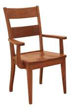 A wooden armchair with a warm medium-brown finish, featuring a slatted backrest and armrests, shown against a plain white background.