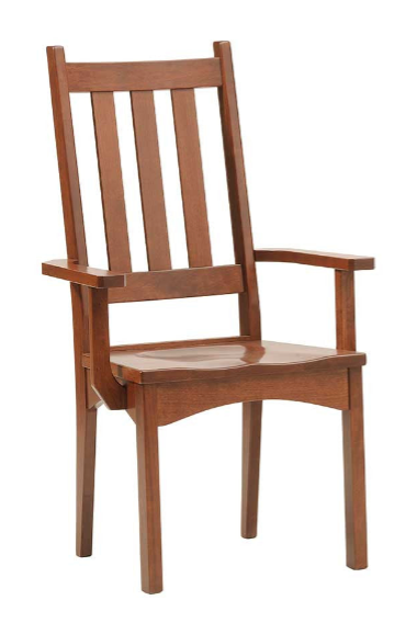 A wooden armchair with a tall slatted backrest, armrests, and a curved seat, shown on a plain white background.
