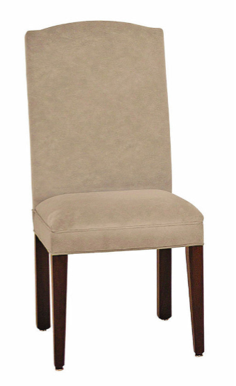 A high-back dining chair with a beige upholstered seat and backrest, supported by four dark brown wooden legs, shown against a plain white background.