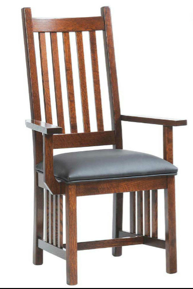 A wooden dining chair with a slatted backrest, armrests, and a dark gray upholstered seat cushion, shown on a plain white background.