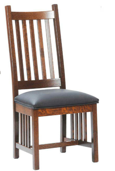 A wooden dining chair with a dark brown stained frame, vertical slats on the back and front, and a black upholstered seat cushion, shown against a plain white background.