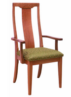 A wooden dining chair with a tall slatted back, curved armrests, and an olive green upholstered seat cushion with a subtle leaf pattern, shown against a plain white background.