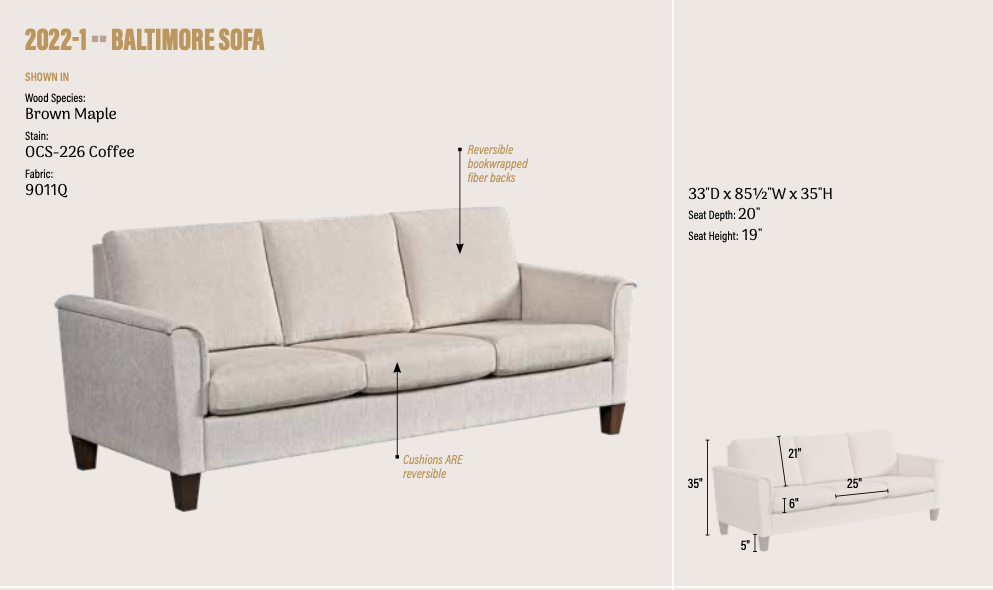 A product information graphic for a Baltimore sofa. The main panel shows a light beige upholstered loveseat with text listing wood species, stain, fabric, and model number.