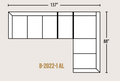 A black-and-white furniture dimension diagram showing an L-shaped cabinet or shelf unit with measurements labeled 137 inches wide and 88 inches high, plus the model text B-2022-1 AL on a light beige background.