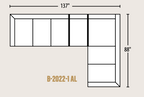 A black-and-white furniture dimension diagram showing an L-shaped cabinet or shelf unit with measurements labeled 137 inches wide and 88 inches high, plus the model text B-2022-1 AL on a light beige background.
