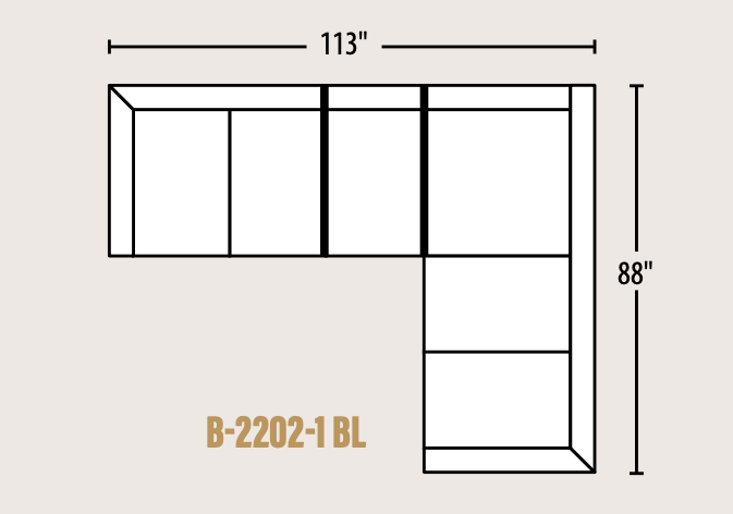 A simple line drawing of an L-shaped sectional sofa layout with dimension labels showing 113 inches across the top and 88 inches on the right side, on a light beige background. The text 'B-2202-1 BL' appears near the bottom left.