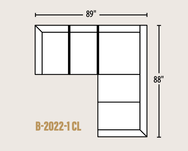 A simple line drawing of an L-shaped sectional sofa layout with dimension labels showing 89 inches wide and 88 inches tall, on a light beige background. Text at lower left reads B-2022-1 CL.