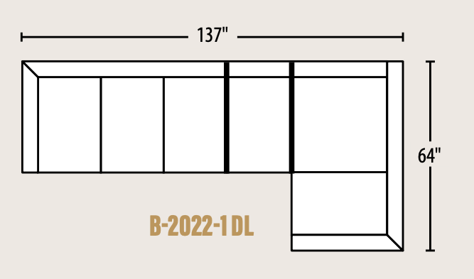 Top-down dimension diagram of an L-shaped sectional sofa section labeled B-2022-1 DL, with measurements 137 inches wide and 64 inches high on a light beige background.