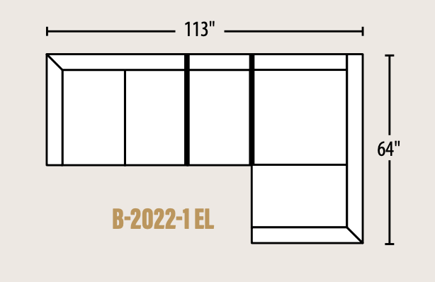 A simple line drawing of an L-shaped sectional sofa layout with dimension labels showing 113 inches wide and 64 inches high, on a light beige background. The text 'B-2022-1 EL' appears below the drawing.