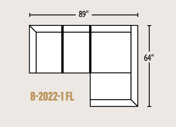 A simple line drawing of an L-shaped sectional sofa layout with dimension labels showing 89 inches wide and 64 inches high, on a light beige background. The text 'B-2022-1 FL' appears in tan near the lower left.