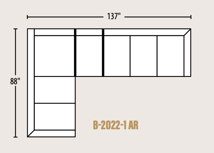 A black and white line drawing of an L-shaped cabinet or shelf unit with dimension labels showing 137 inches wide and 88 inches tall, on a light beige background. The text 'B-2022-1 AR' appears in tan near the bottom right.