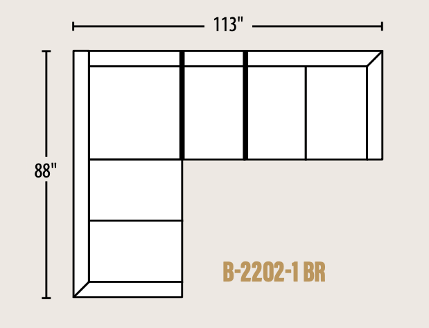 A black and white line drawing of an L-shaped sectional sofa layout with dimension labels showing 113 inches width and 88 inches height, on a light beige background with the text 'B-2202-1 BR' in tan.