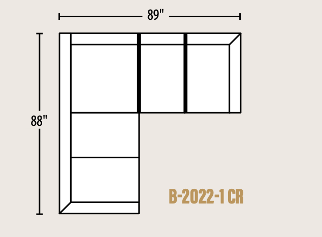 A dimension diagram of an L-shaped sectional sofa corner, labeled with measurements of 89 inches wide and 88 inches high, with the text 'B-2022-1 CR' on a light beige background.