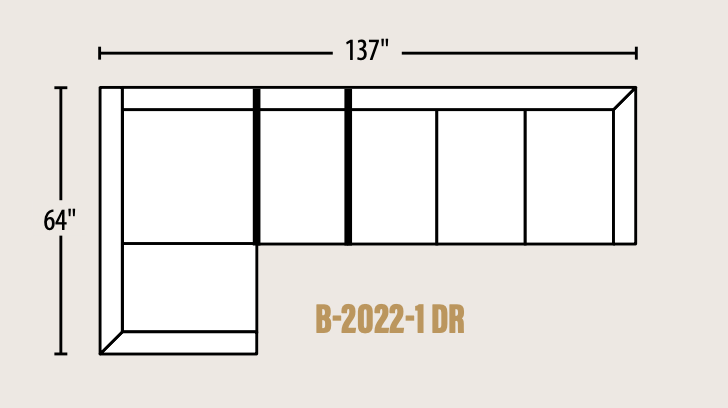 A simple line drawing of an L-shaped cabinet or shelving unit with dimension labels showing 137 inches wide and 64 inches high, plus the text 'B-2022-1 DR' on a light beige background.