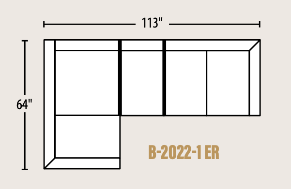 A 3D isometric line drawing of an L-shaped sectional sofa with dimension labels showing 113 inches in width and 64 inches in height, on a light beige background.