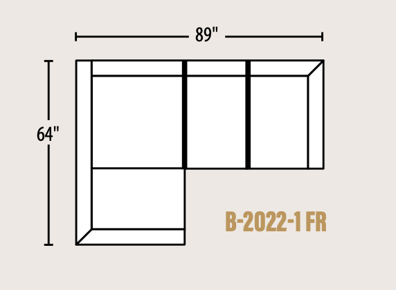 A simple line drawing of an L-shaped sectional sofa layout with dimension labels showing 89 inches wide and 64 inches high, on a light beige background. Text in the lower right reads B-2022-1 FR.