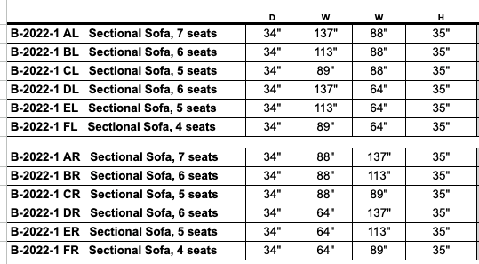 Baltimore sectional dimensions. A size chart table showing sectional sofa seat counts and dimensions, with columns labeled D, W, and H and rows listing models such as B-2022-2021 AL through FR.