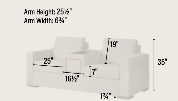 Serenity Center Console Loveseat – dimension diagram with seat, arm, and overall measurements