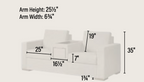 Serenity Center Console Loveseat – dimension diagram with seat, arm, and overall measurements