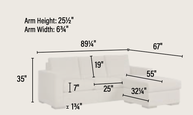 A dimension diagram of a white sectional sofa on a light beige background, showing measurements for arm height and arm width, plus seat, back, and front depth dimensions with arrows and numeric labels.
