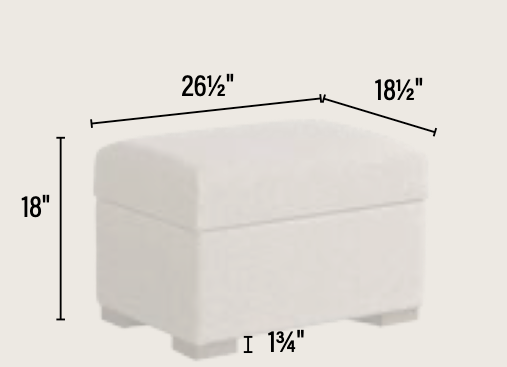 A white upholstered storage ottoman shown with dimension lines and labels indicating 26 1/2 inches across the top, 18 1/2 inches on one side, 18 inches tall, and 13 3/4 inches wide at the base, on a light beige background.