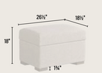 A white upholstered storage ottoman shown with dimension lines and labels indicating 26 1/2 inches across the top, 18 1/2 inches on one side, 18 inches tall, and 13 3/4 inches wide at the base, on a light beige background.