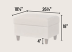 A white upholstered ottoman shown with dimension lines and labels indicating 18 1/2 inches width, 26 1/2 inches depth, 18 inches height, and 4-inch leg width on a light beige background.