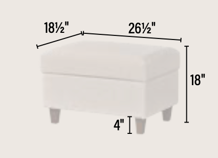 A white upholstered ottoman shown with dimension lines and labels indicating 18 1/2 inches width, 26 1/2 inches depth, 18 inches height, and 4-inch leg width on a light beige background.