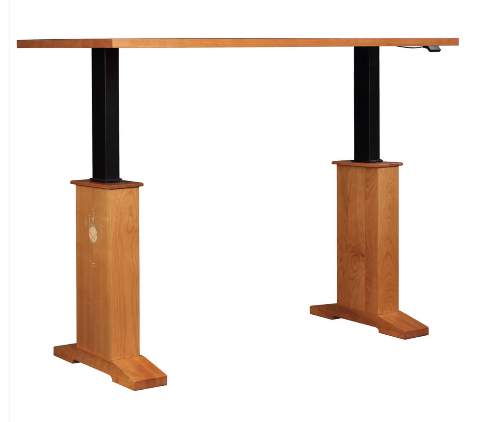 Wooden standing desk with adjustable height on a white background