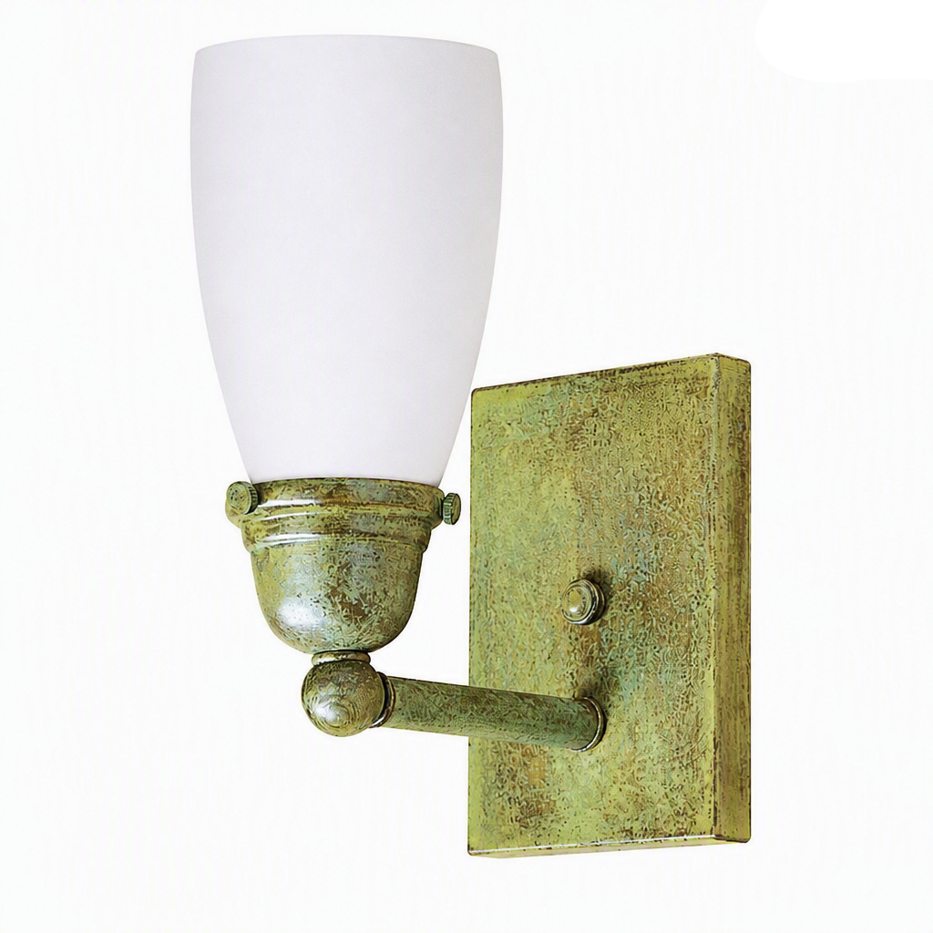A wall-mounted sconce light fixture with a frosted white glass shade and an antiqued brass or bronze metal mount, shown against a plain white background. A small 'Made with AI' label appears in the top right corner.