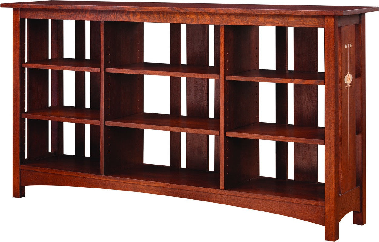 Wooden bookshelf with multiple shelves on a white background