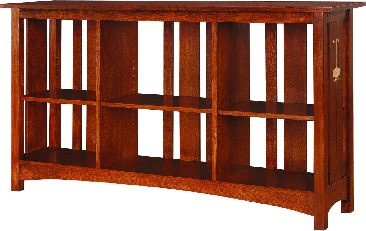Wooden console table with multiple shelves on a white background
