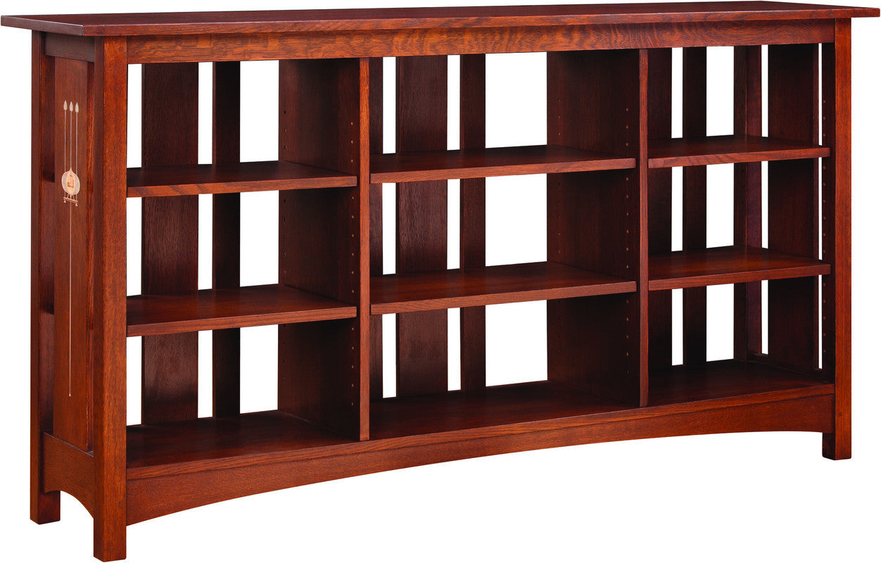 Wooden bookshelf with multiple shelves on a white background