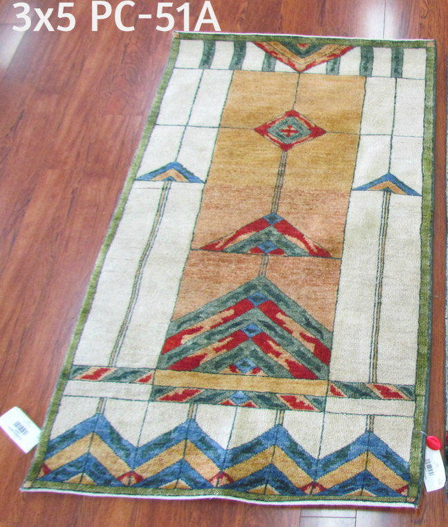 Stained Glass Gold Hand Knotted Wool Rug | PC-51A, overhead 3x5 shot