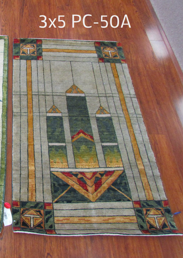 Stained Glass Window Collection rugs – hand knotted 100% handspun wool area rugs in Prairie Style geometric stained glass designs, shown in 3x5