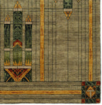 Stained Glass Green Hand Knotted Wool Rug PC-50A – Arts & Crafts Prairie Style geometric design with deep spruce detail lines on grey field