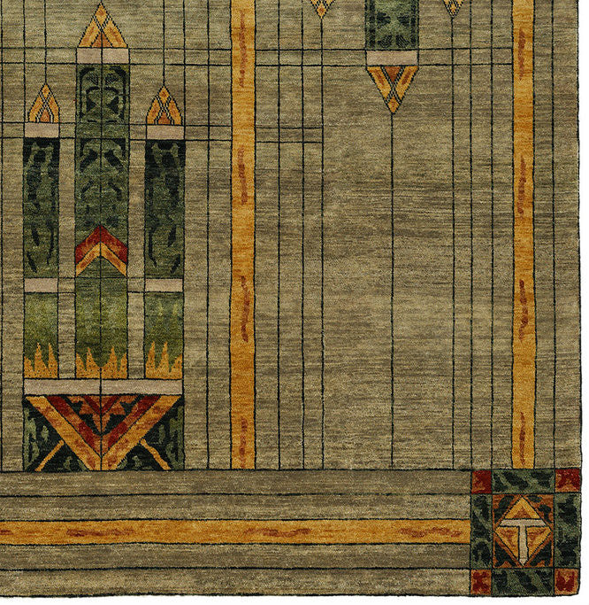 Stained Glass Green Hand Knotted Wool Rug PC-50A – Arts & Crafts Prairie Style geometric design with deep spruce detail lines on grey field