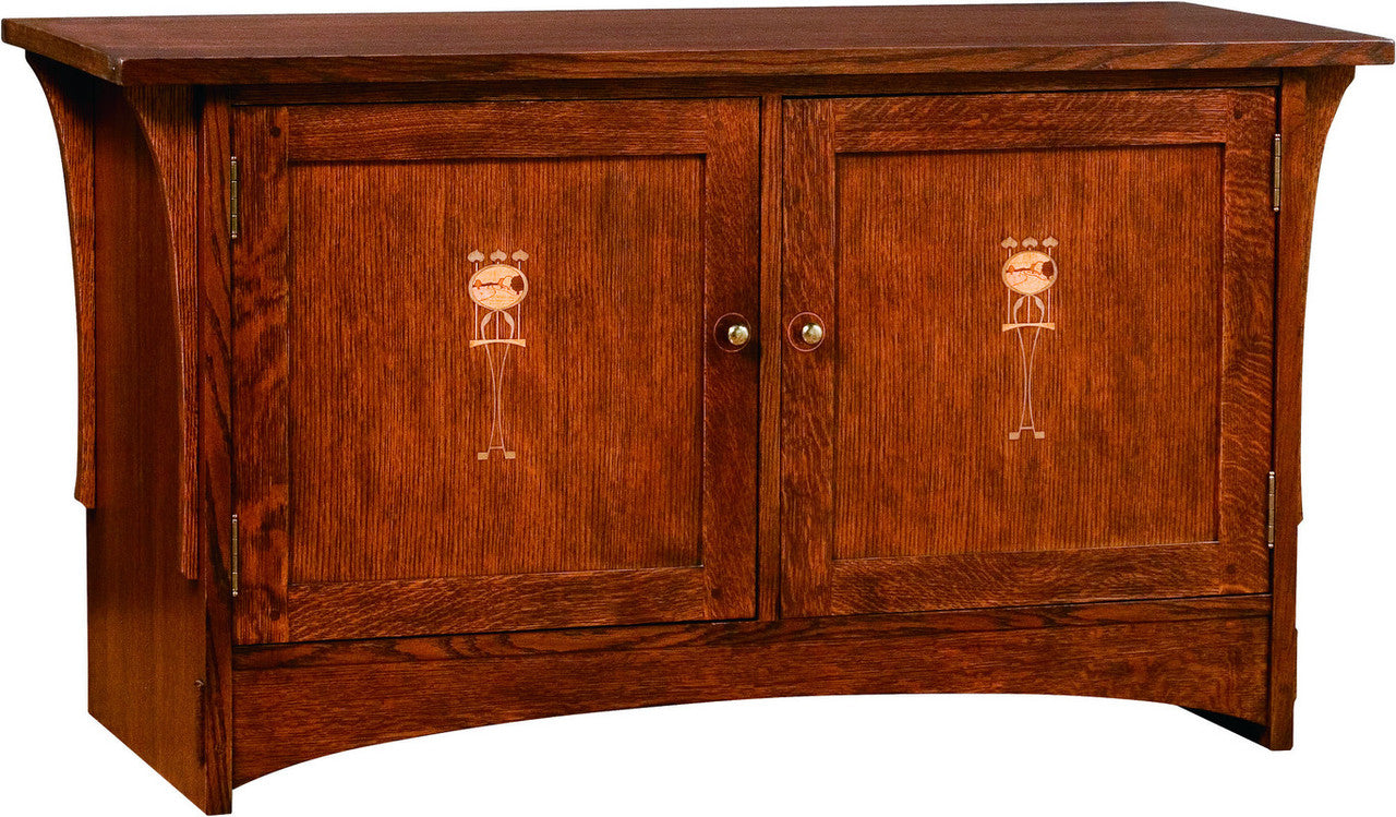 Wooden cabinet with two doors on a white background. Stickley Harvey Ellis TV Console. 