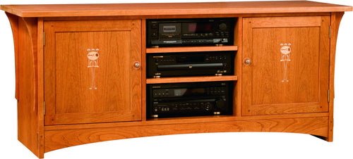 Harvey Ellis entertainment console in cherry wood with electronic equipment inside.