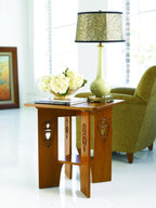 Wooden side table with decorative carvings--the Stickley Argyle Street End table. 